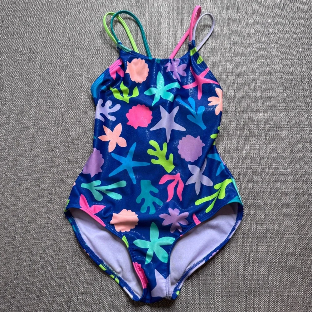 Cat & Jack Girls Navy Shimmer Sea Life Starfish One Piece Swimsuit Size M 8